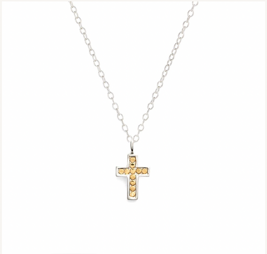 Silver and gold cross necklace on a sterling silver chain