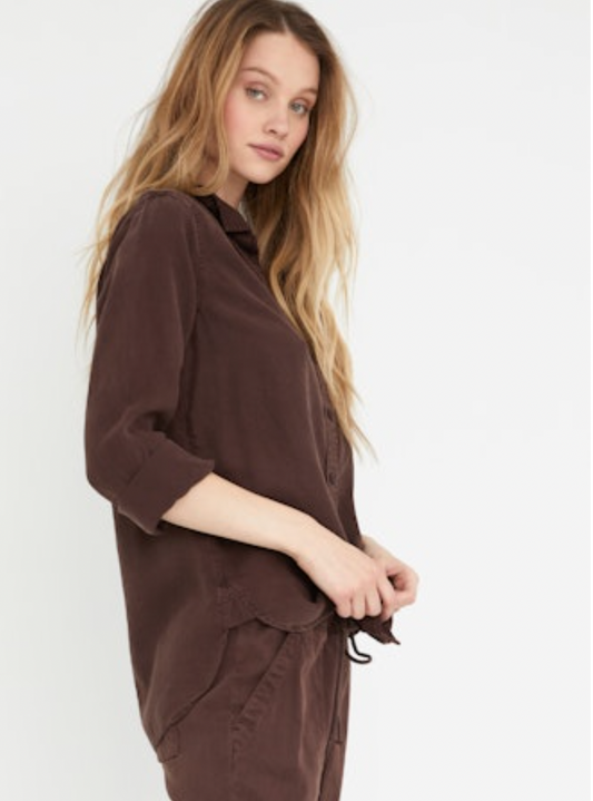 chocolate brown split back shirt side view