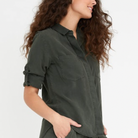 green split back shirt  side view 