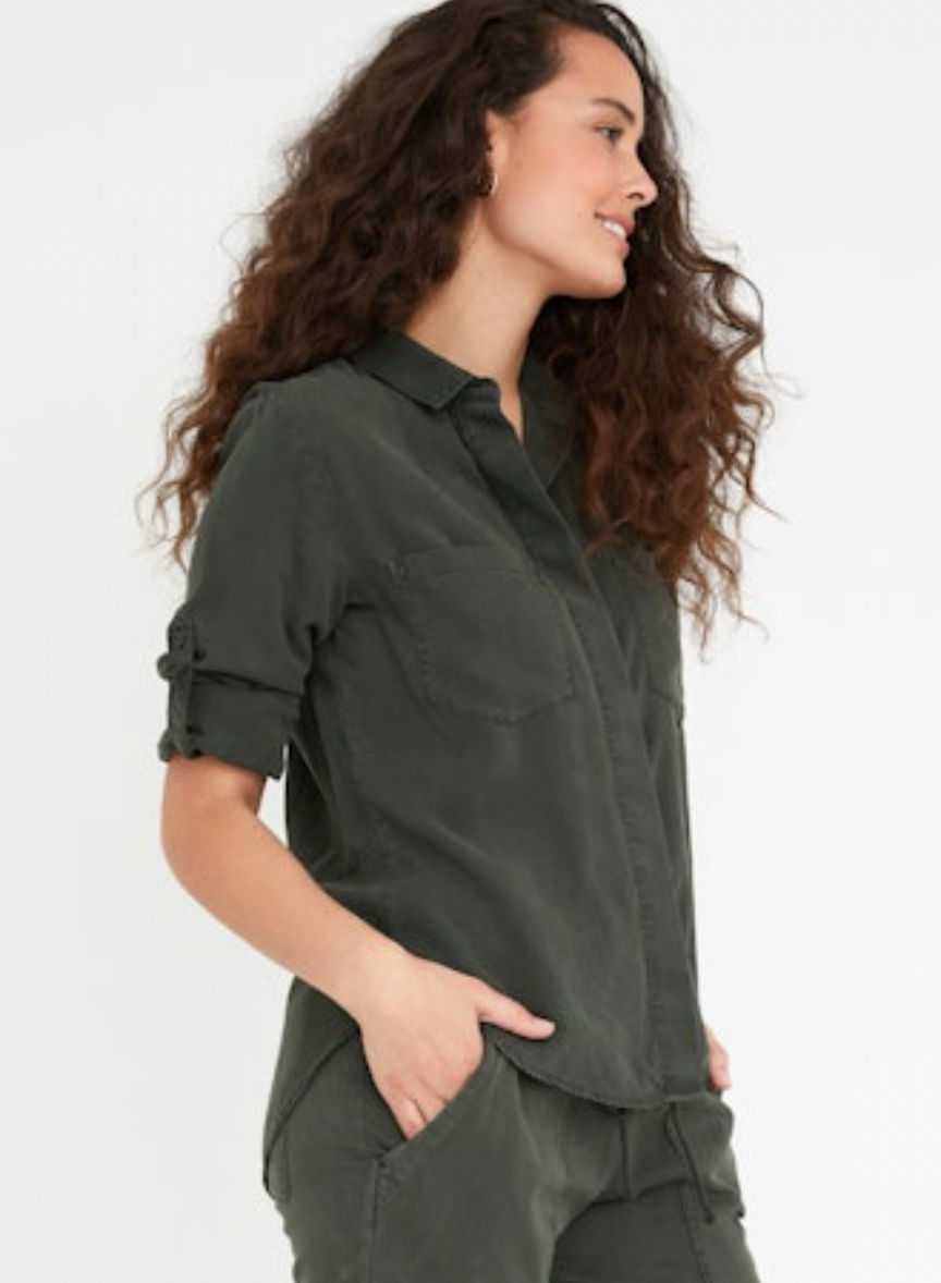 green split back shirt  side view 