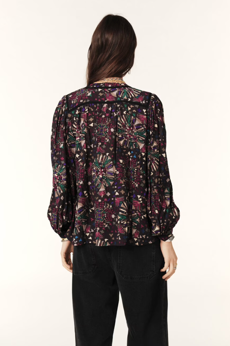 Women wearing dark floral top.