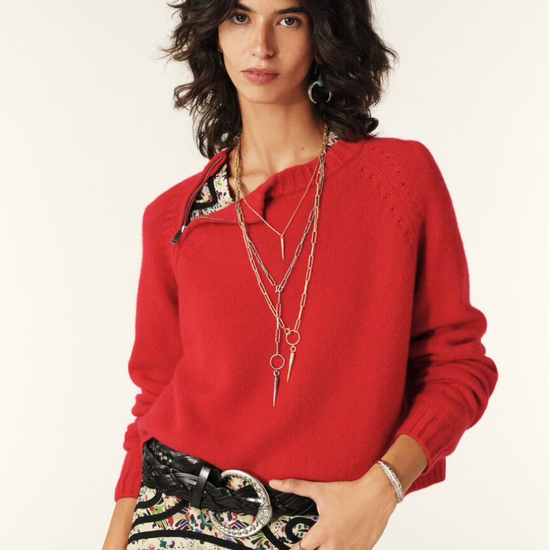 red cashmere jumper with raglan sleeves and zip at the neck