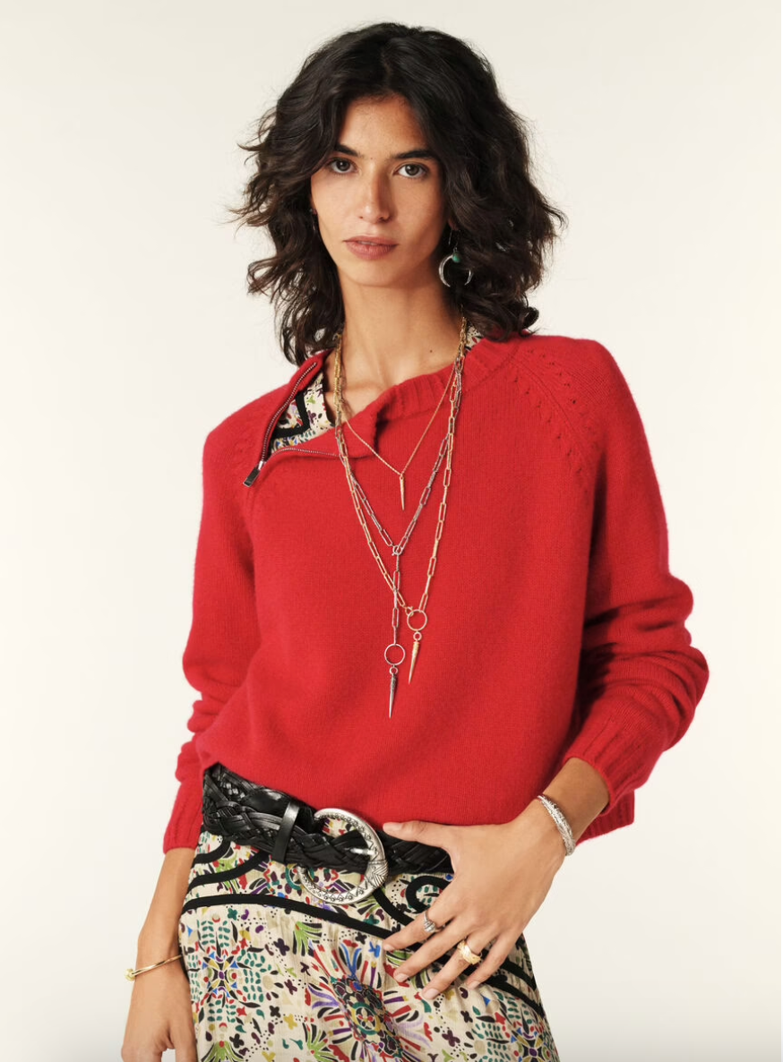 red cashmere jumper with raglan sleeves and zip at the neck