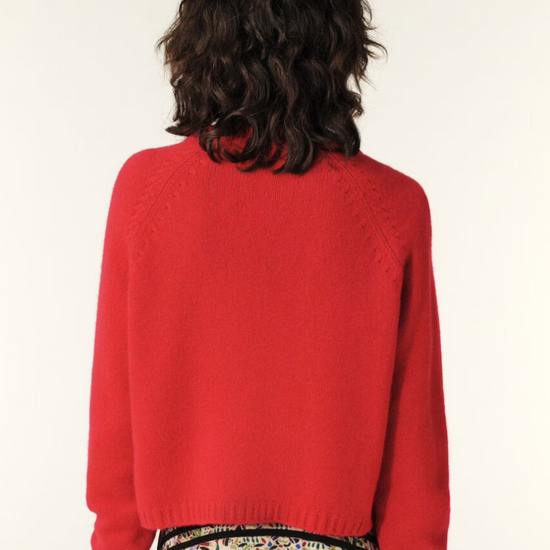 red cashmere jumper with raglan sleeves and zip at the neck rear view 