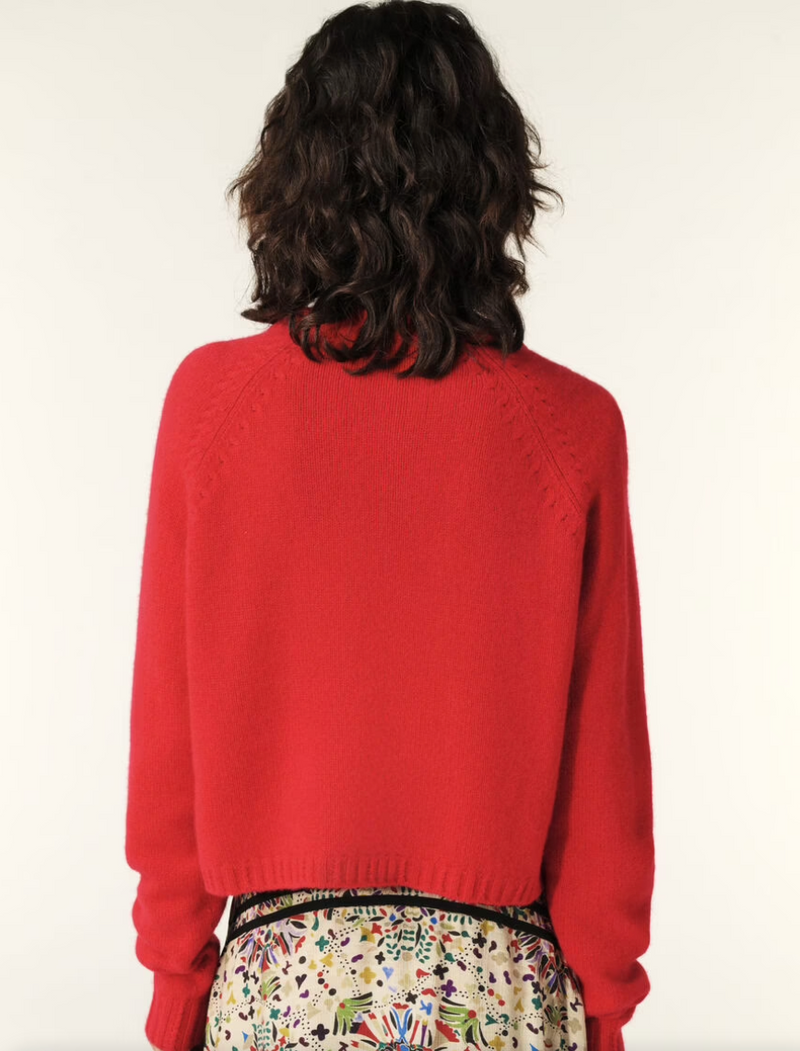 red cashmere jumper with raglan sleeves and zip at the neck rear view 