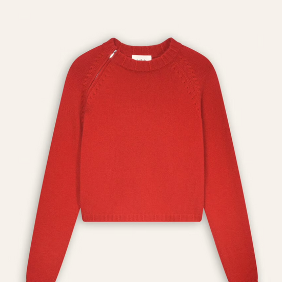 red cashmere jumper with raglan sleeves and zip at the neck