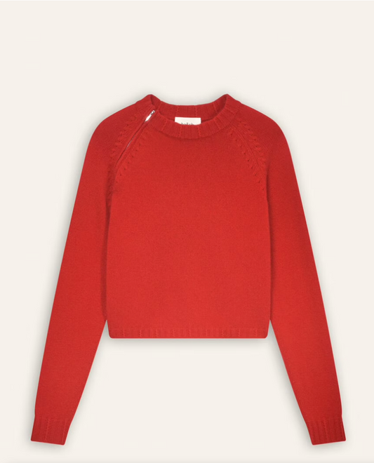 red cashmere jumper with raglan sleeves and zip at the neck