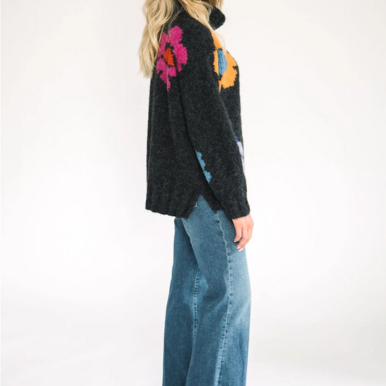 charcoal relaxed fit roll neck with floral design  side view