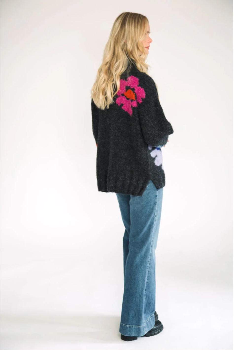 charcoal relaxed fit roll neck with floral design  rear view