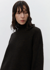 chocolate brown turtleneck jumper with ribbed cuffs, hem and neck close up