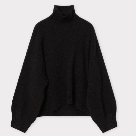 chocolate brown turtleneck jumper with ribbed cuffs, hem and neck