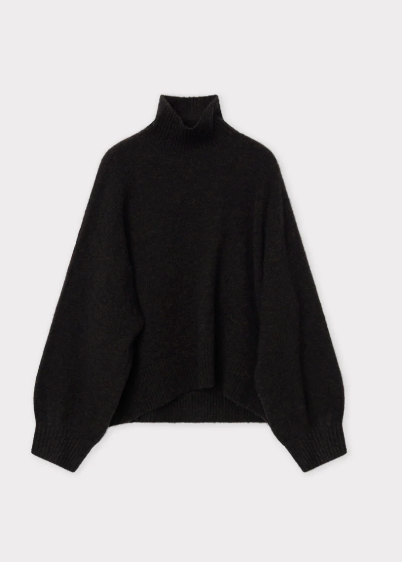 chocolate brown turtleneck jumper with ribbed cuffs, hem and neck