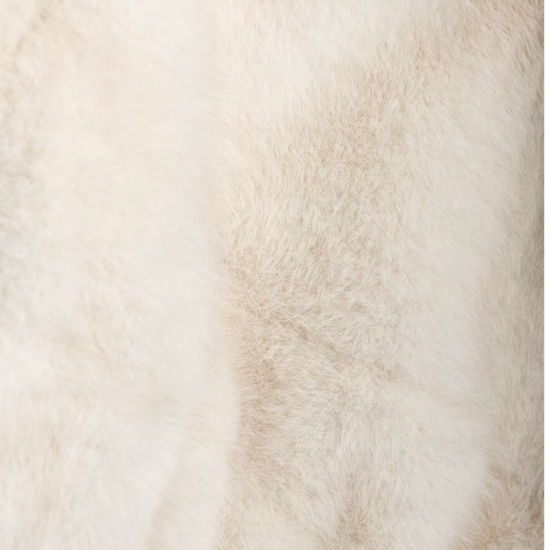 off white faux fur jacket with elasticated waist and cuffs with high neck and pockets close up