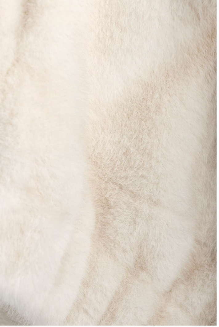 off white faux fur jacket with elasticated waist and cuffs with high neck and pockets close up