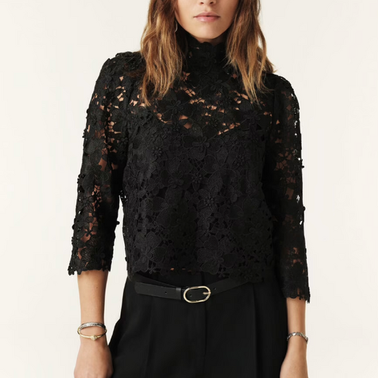 floral lace black top with cropped sleeves and high neck model shot