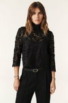 floral lace black top with cropped sleeves and high neck model shot