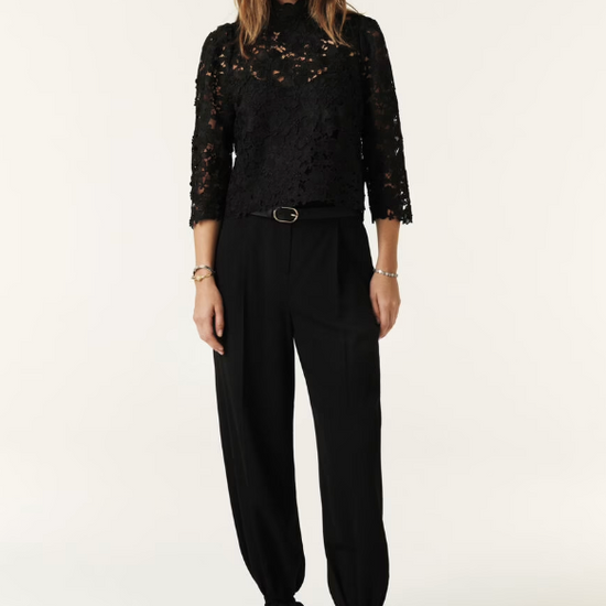 floral lace black top with cropped sleeves and high neck model shot