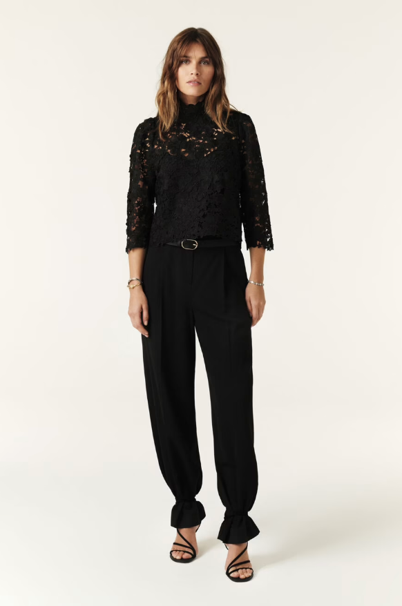 floral lace black top with cropped sleeves and high neck model shot