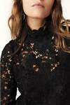 floral lace black top with cropped sleeves and high neck close up