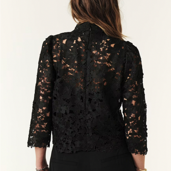 floral lace black top with cropped sleeves and high neck rear view 