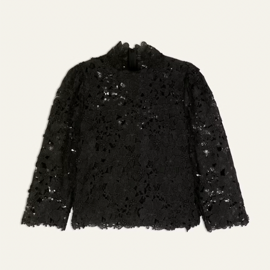 floral lace black top with cropped sleeves and high neck