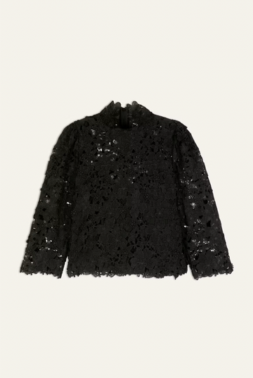 floral lace black top with cropped sleeves and high neck