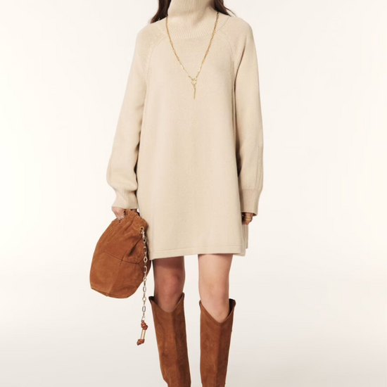 beige jumper dress with ribbed neck and cuffs and turtle neck model shot