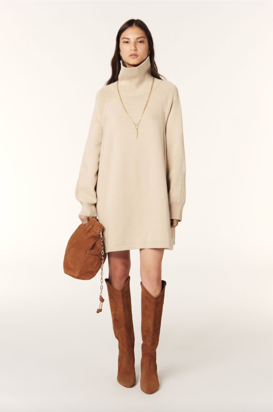 beige jumper dress with ribbed neck and cuffs and turtle neck model shot