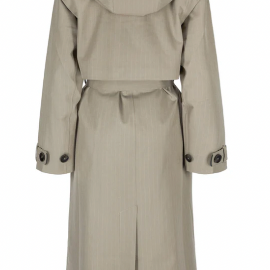 taupe pinstripe waterproof trench  rear view 