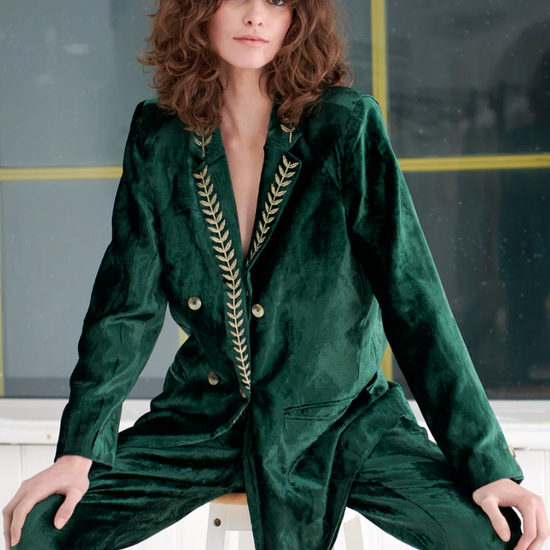 emerald green crushed cotton velvet double breasted blazer with gold leaf embroidery on lapel model shot