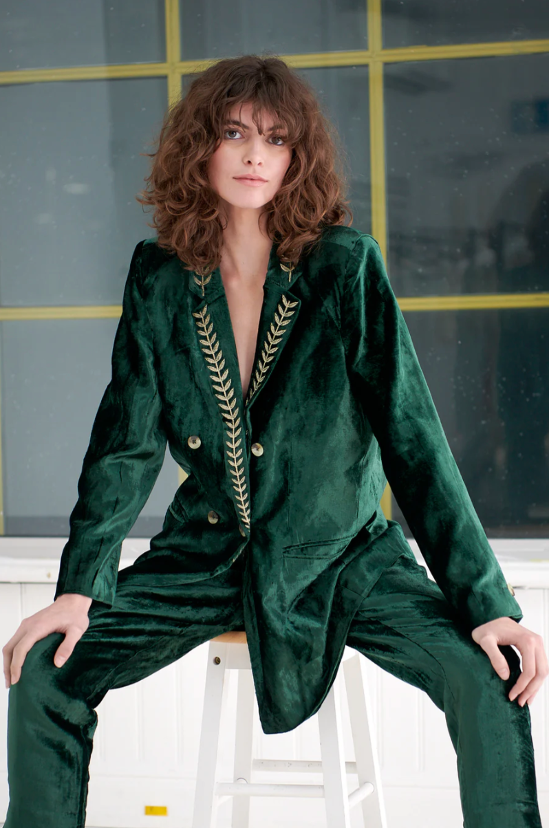 emerald green crushed cotton velvet double breasted blazer with gold leaf embroidery on lapel model shot