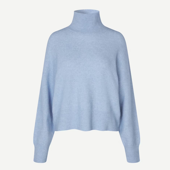 light blue turtleneck jumper with ribbed cuffs, hem and neck