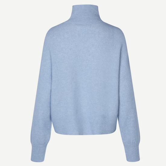 light blue turtleneck jumper with ribbed cuffs, hem and neck rear view