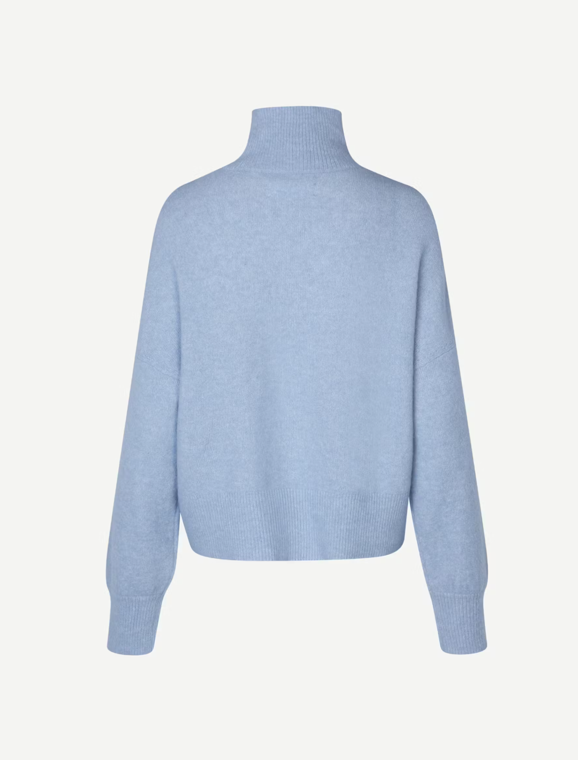 light blue turtleneck jumper with ribbed cuffs, hem and neck rear view