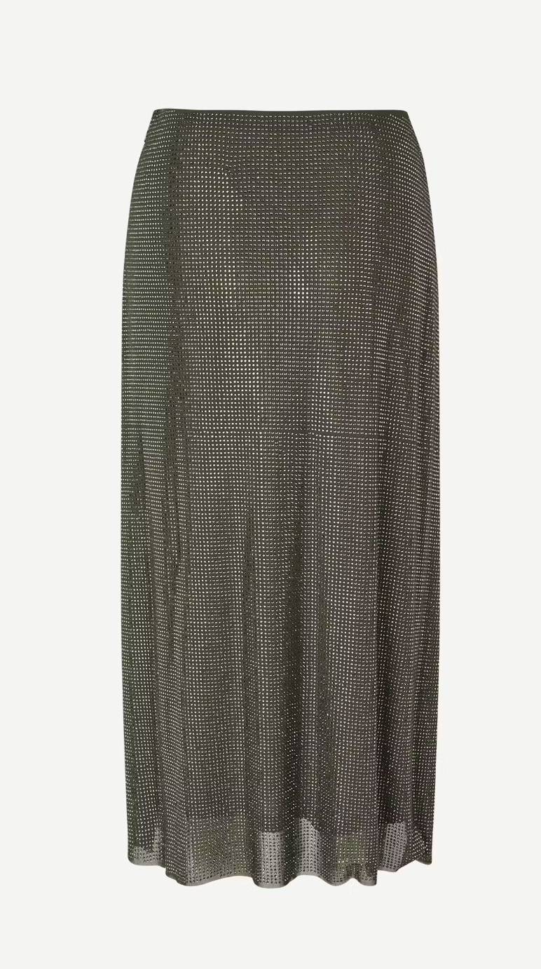 dark grey long skirt covered in rhinestones 