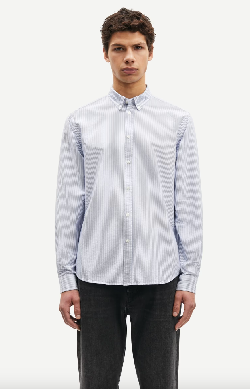 narrow blue stripe shirt with single button cuff and pleat in rear yoke  model shot