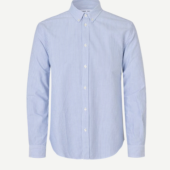 narrow blue stripe shirt with single button cuff and pleat in rear yoke 