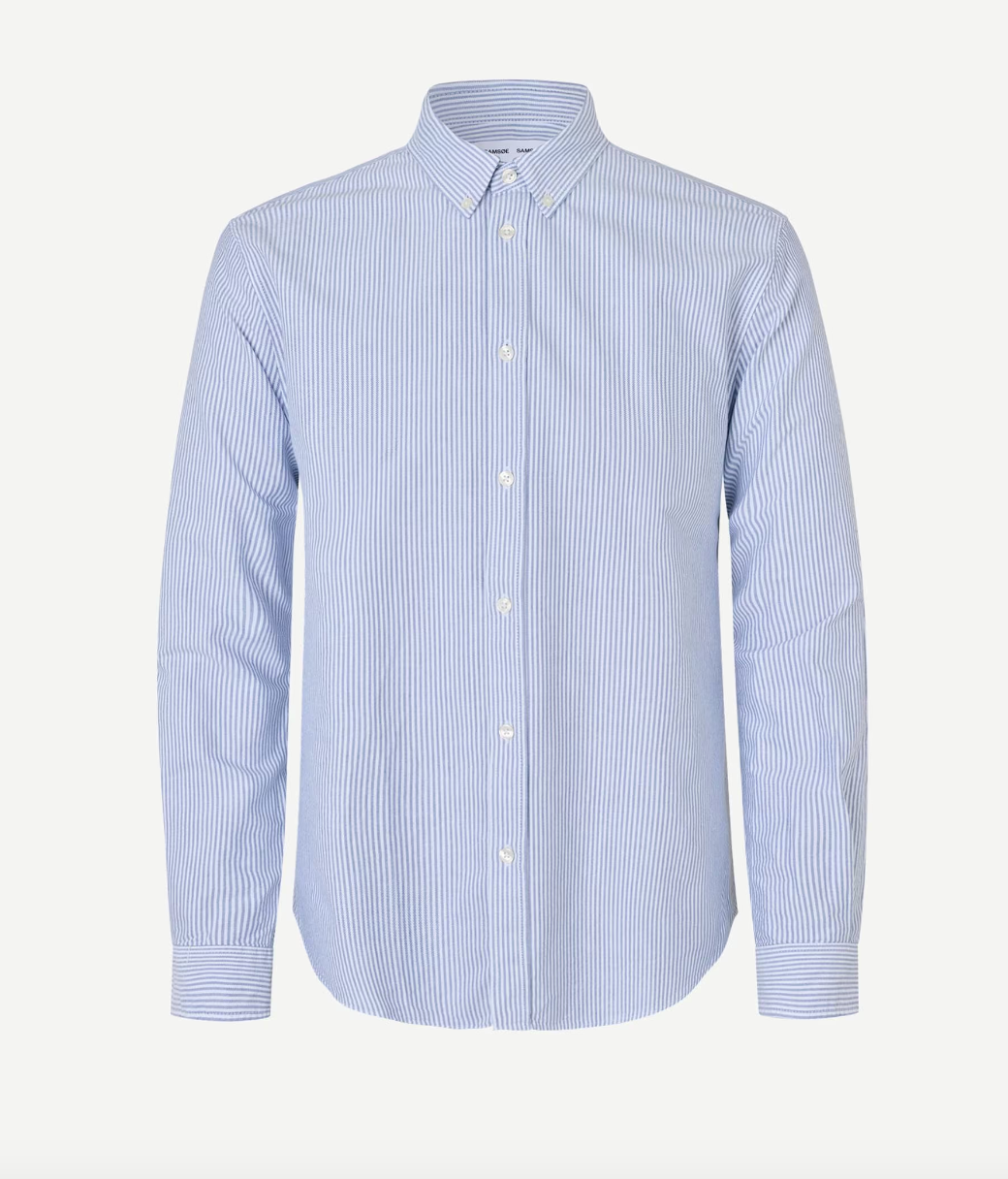 narrow blue stripe shirt with single button cuff and pleat in rear yoke 