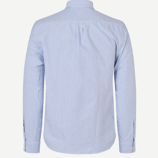 narrow blue stripe shirt with single button cuff and pleat in rear yoke  rear view 