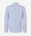 narrow blue stripe shirt with single button cuff and pleat in rear yoke  rear view 