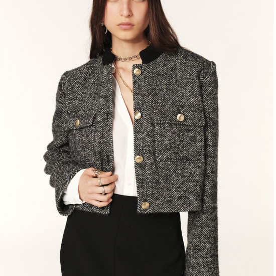 twill grey cropped jacket with gold buttons and black stand up collar  model shot 