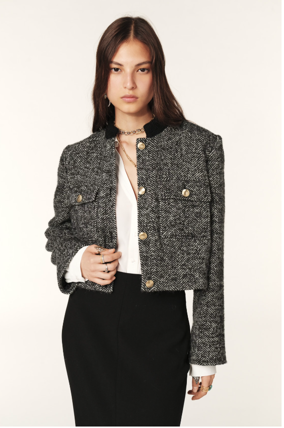 twill grey cropped jacket with gold buttons and black stand up collar  model shot 