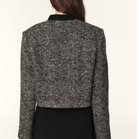 twill grey cropped jacket with gold buttons and black stand up collar  rear view 