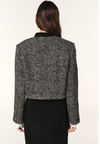 twill grey cropped jacket with gold buttons and black stand up collar  rear view 