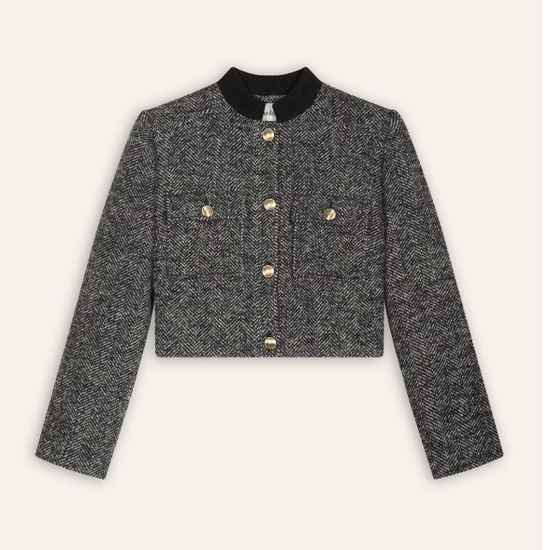 twill grey cropped jacket with gold buttons and black stand up collar 