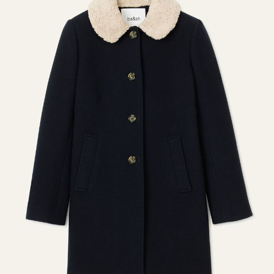 navy 3/4 length coat with faux fur collar, raglan pockets and marbled buttons 