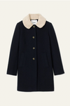 navy 3/4 length coat with faux fur collar, raglan pockets and marbled buttons 