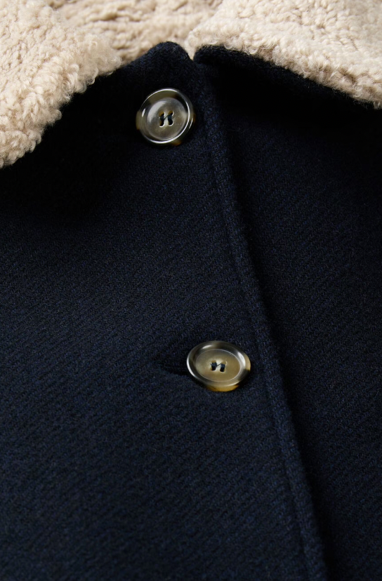 navy 3/4 length coat with faux fur collar, raglan pockets and marbled buttons  close up