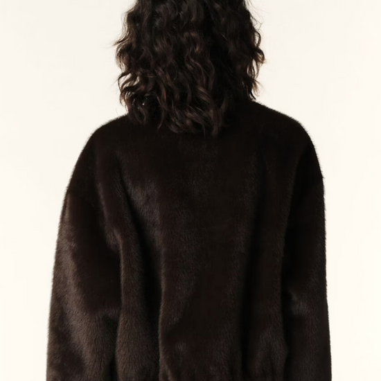 Rear view of brown faux fur bomber jacket