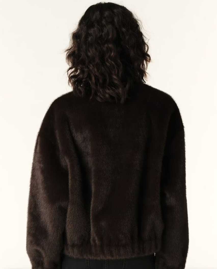 Rear view of brown faux fur bomber jacket